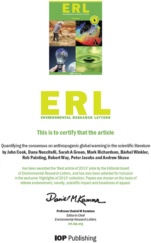 Certificate from Environmental Research Letters awarding Cook et al as best ERL paper of 2013.