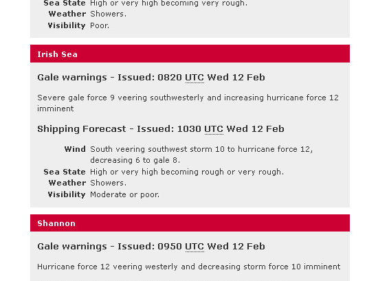 Shipping Forecast, 12th February 2014, Irish Sea