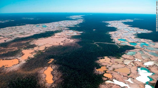 Amazon deforestation due to Illegal mining in activities in the river basin of the Madre de Dios region in southeast Peru, on May 17, 2019