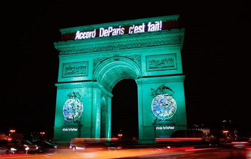 Arc de Triomphe celebrating Paris Climate Accord