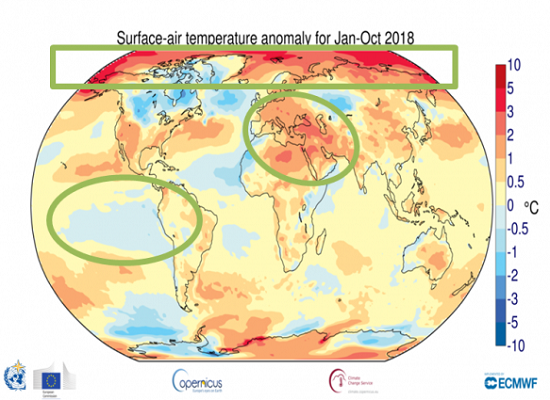Global Surface Temperature Anomalies Jan-Oct 2018 WMO