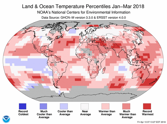 Jan-Mar 2018 Global Temp Percentiles NOAA
