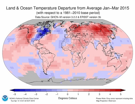 Land & Ocean Temperature Departure from Average: Jan-Mar 2015 