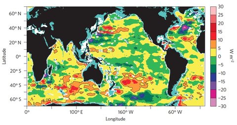 A map shows where heat has accumulated in the world's seas since 2006, as measured by ocean-probing Argo instruments. Credit Nature Climate Change