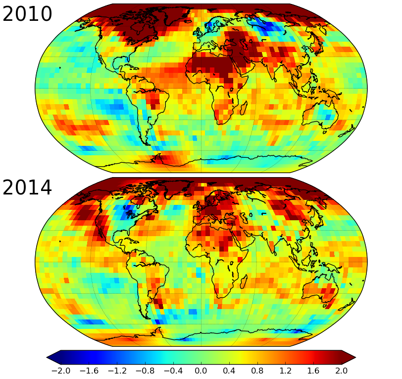 Figure 2: Comparison of temperature anomalies for 2010 and 2014