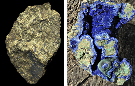 primary chalcopyrite (L) and secondary azurite (R)