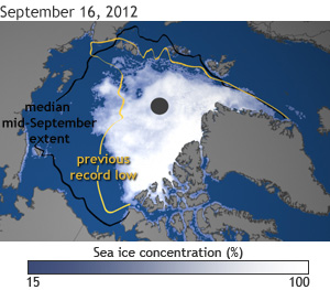 Satellite image of Arctic Sea Ice - Sep 16, 2012
