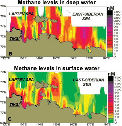 Methane Levels in East Siberian Arctic Shelf, deep waters and surface waters