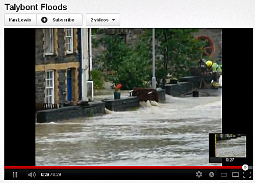 Screengrab of a video of the Talybont flood, 9th June 2012