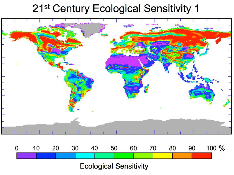 Nap of world showing ecological sensitivity as colored index