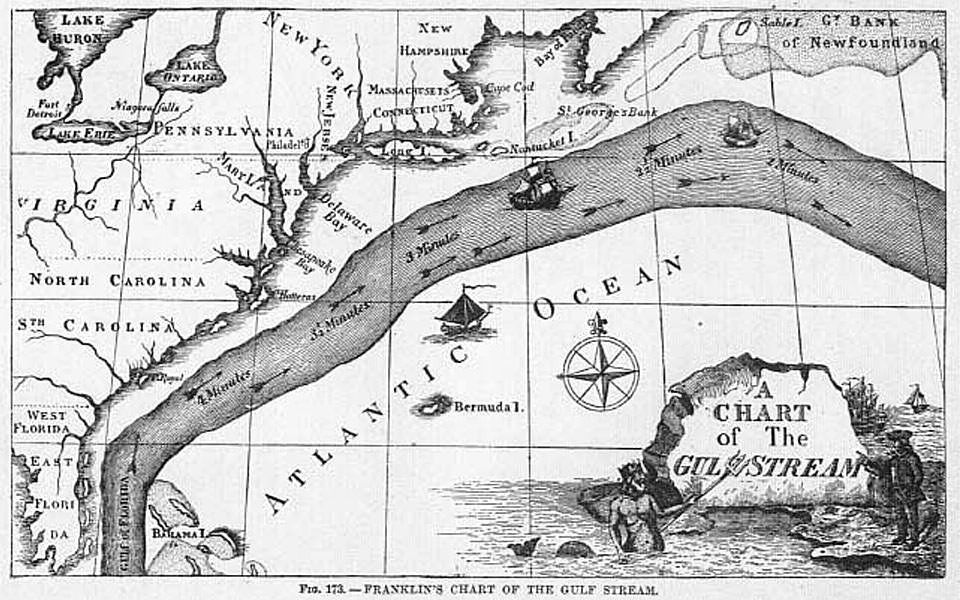 Map of Gulf Stream drawn by Benjamin Franklin.