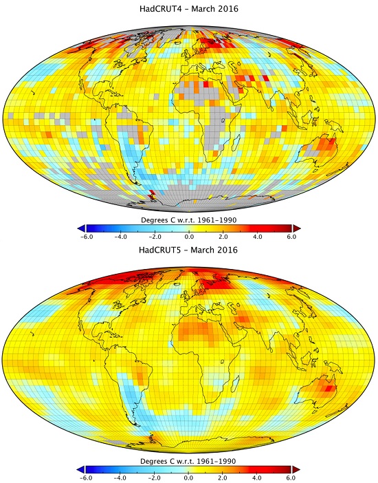 Gridded global surface temperatures in HadCRUT4 and HadCRUT5 analysis