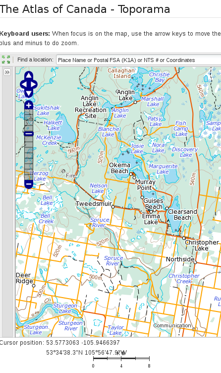 Topographic map north of Prince Albert, SK, Canada