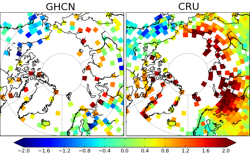 Figure 3: Station coverage and trends for the GHCN adjusted and CRU data