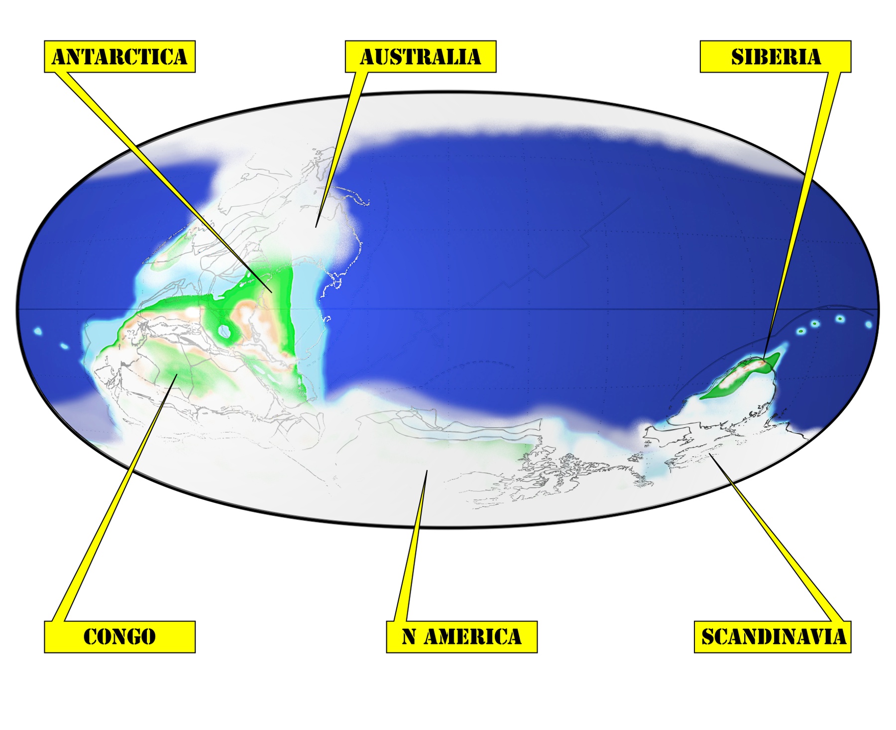 Map of “Snowball Earth” about 640 million years ago. Modified with permission from  Scotese 2009